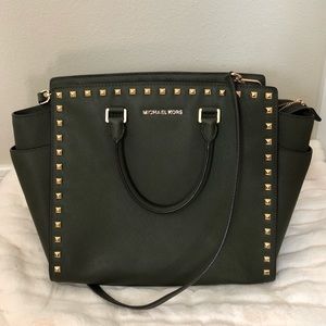 Michael Kors Selma Large Satchel Olive Green Studs